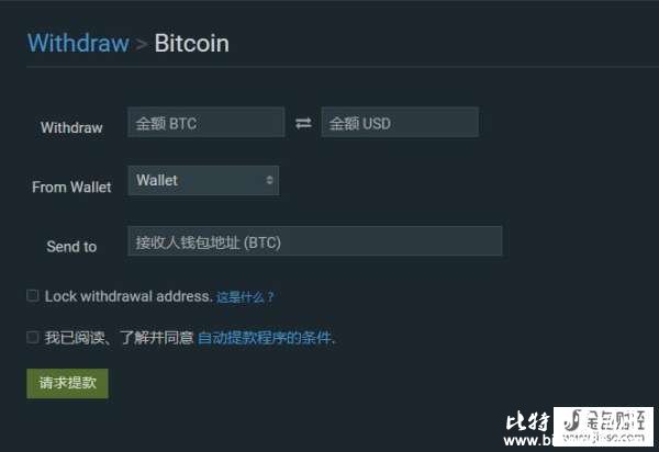 Bitfinex官网后台比特币提币提款界面