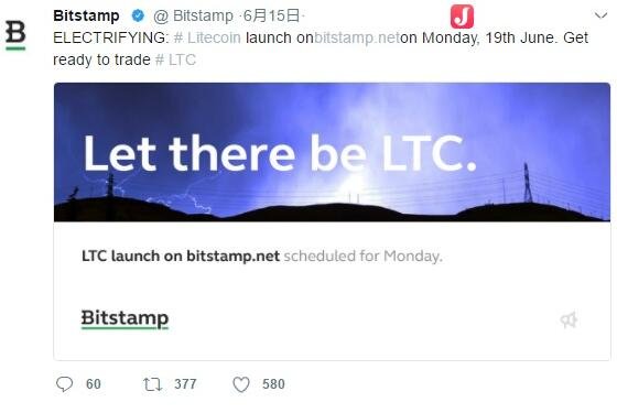 Bitstamp发推下周一正式支持莱特币交易