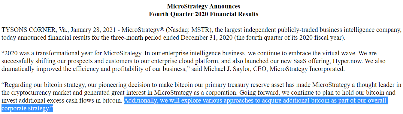 －MicroStrategy 去年第四季财报封面截图（2021/01/29）－